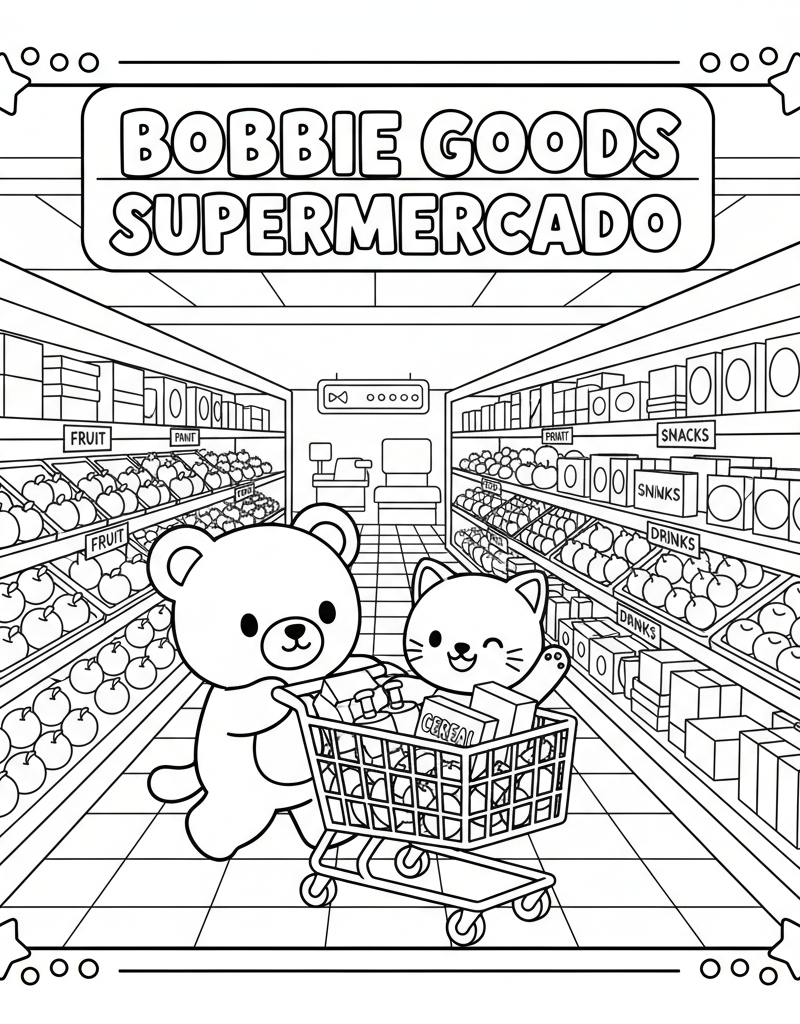 Bobbie Momo supermarket shopping cart fruit shelves cereal boxes coloring page