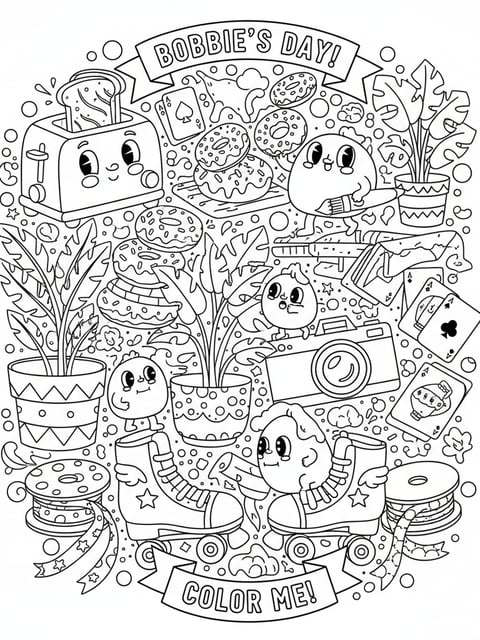 Bobbie this and that collage toaster donuts plants skates camera cards ribbons coloring page