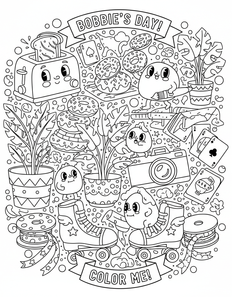 Bobbie this and that collage toaster donuts plants skates camera cards ribbons coloring page