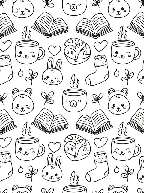 Bobbie Goods wallpaper pattern cozy items mug book sock heart leaves animal faces coloring page