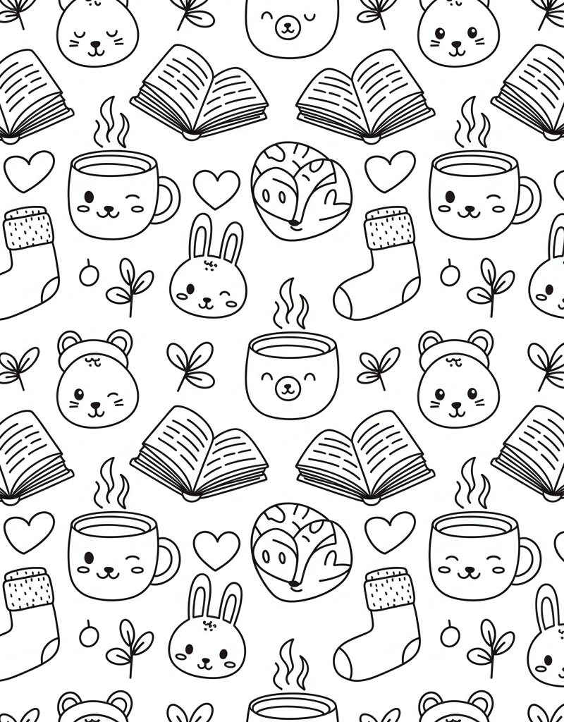Bobbie Goods wallpaper pattern cozy items mug book sock heart leaves animal faces coloring page