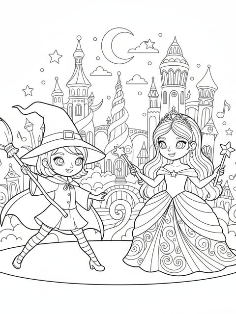 Bobbie Goods fantasy musical two witches pointy hat elegant dress broomstick magical city coloring page