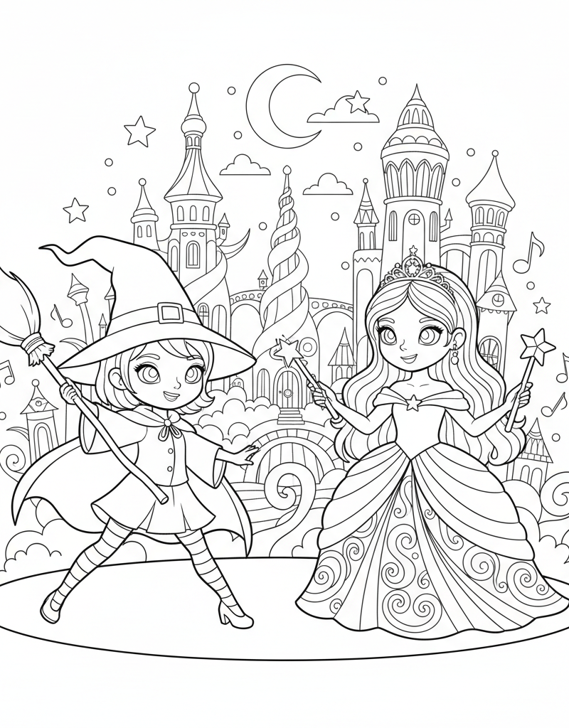 Bobbie Goods fantasy musical two witches pointy hat elegant dress broomstick magical city coloring page