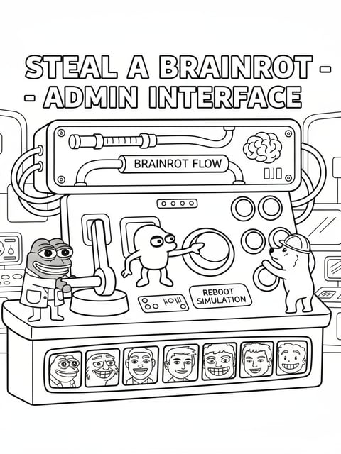 Panel de administración de Steal a Brainrot con palancas, botones y personajes meme para colorear