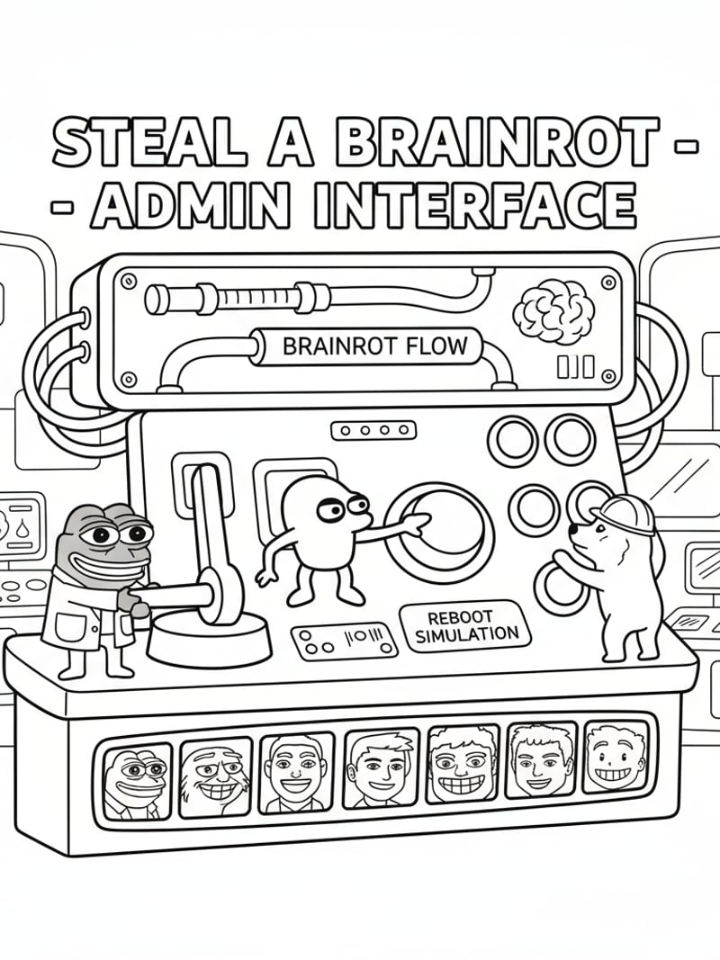 Steal a Brainrot admin panel with levers buttons and meme characters operating controls coloring page