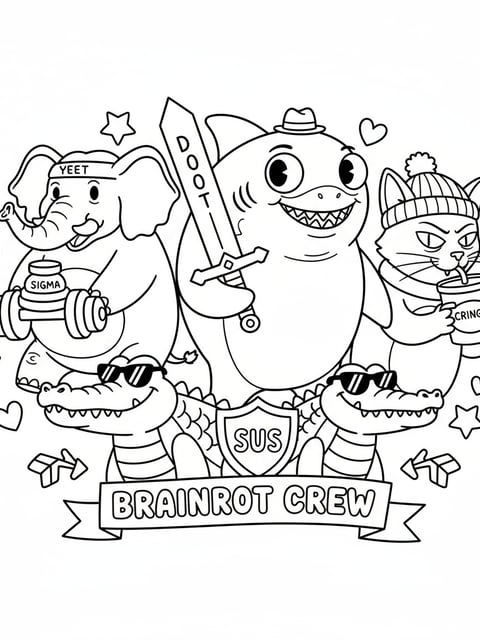 Colección de animales Brainrot con tiburón, elefante, gato y cocodrilo en una lámina para colorear