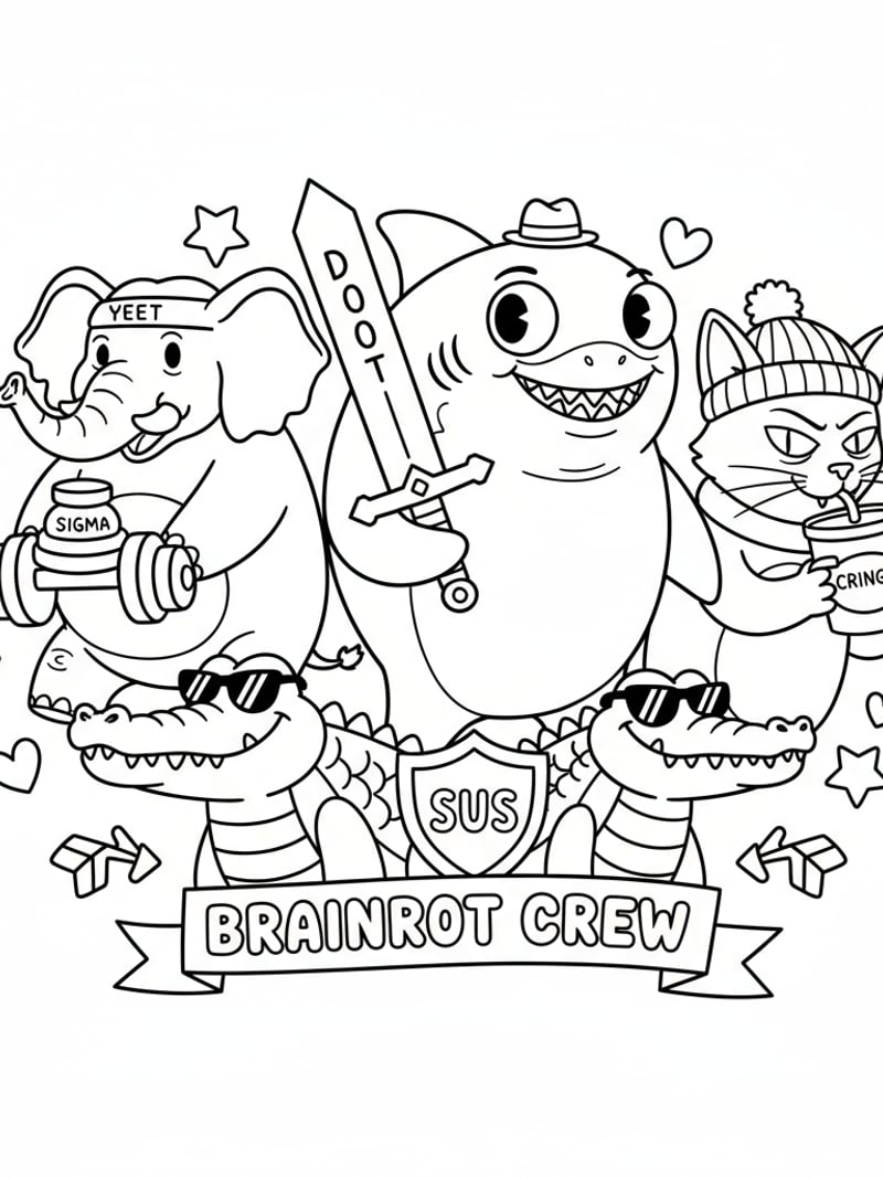 Brainrot animals collection shark elephant cat crocodile with meme accessories coloring page