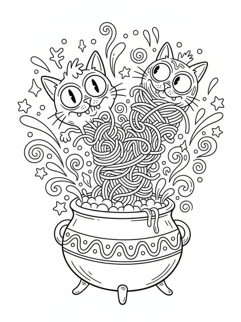Fusión de personaje Brainrot con gato y espagueti saliendo de un caldero mágico para colorear