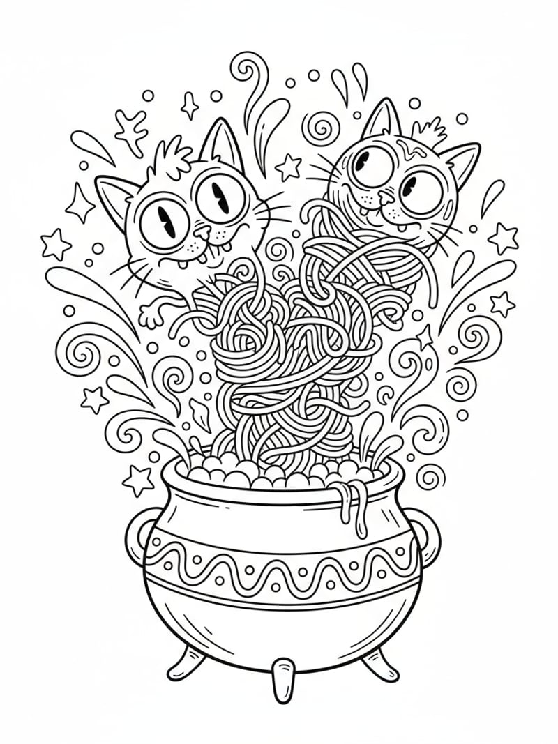 Brainrot character fusion cat and spaghetti emerging from cauldron with sparks magic effects coloring page