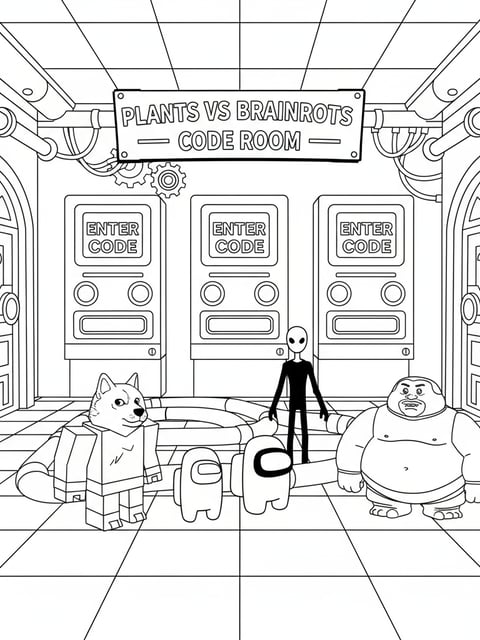 Sala de canje de códigos de Plants vs Brainrots con paneles, puertas y personajes meme para colorear