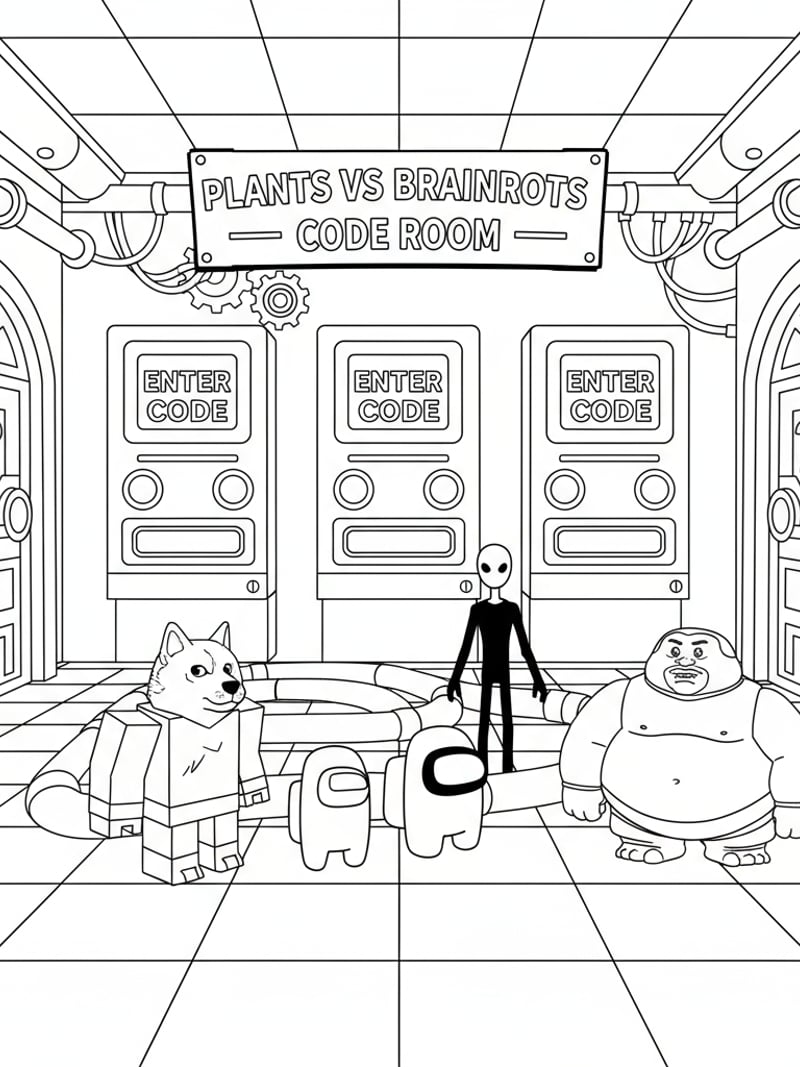 Plants vs Brainrots code redemption room with panels doors and meme characters coloring page