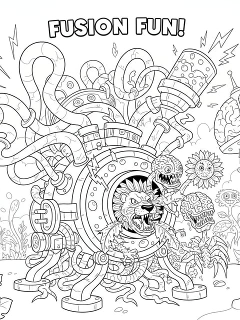 Máquina de fusión de Plants vs Brainrots con criaturas híbridas en un dibujo para colorear estilo cómic