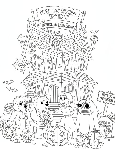 Evento de Halloween de Steal a Brainrot con personajes disfrazados, calabazas y casa embrujada para colorear