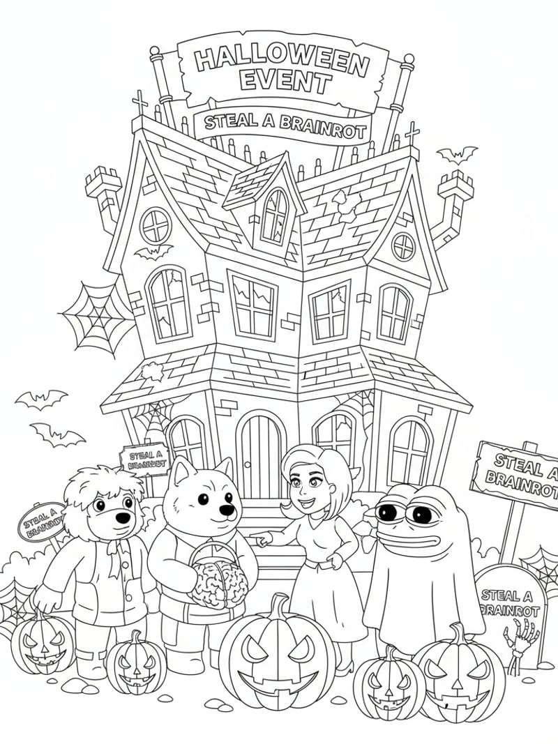Steal a Brainrot Halloween event with costumed meme characters pumpkins haunted house decorations coloring page