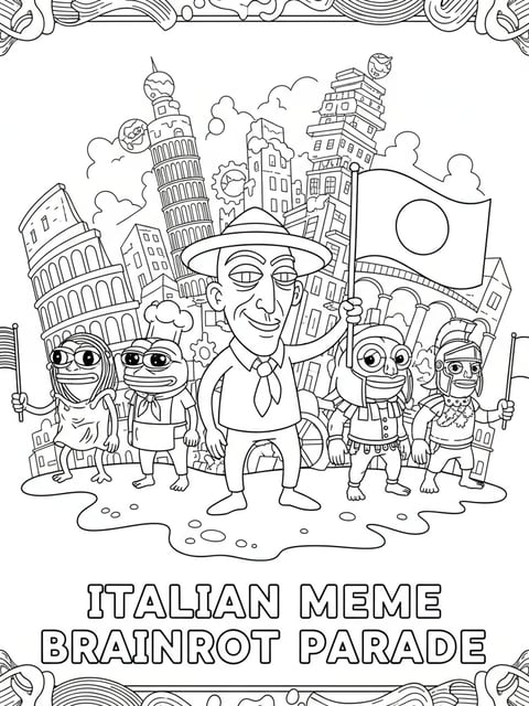 Personajes de brainrot italiano con banderas frente a una ciudad surrealista en un dibujo para colorear
