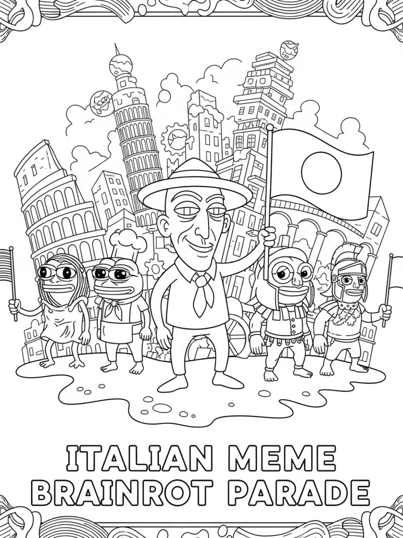 Italian Brainrot meme characters holding country flags in front of AI-generated city coloring page