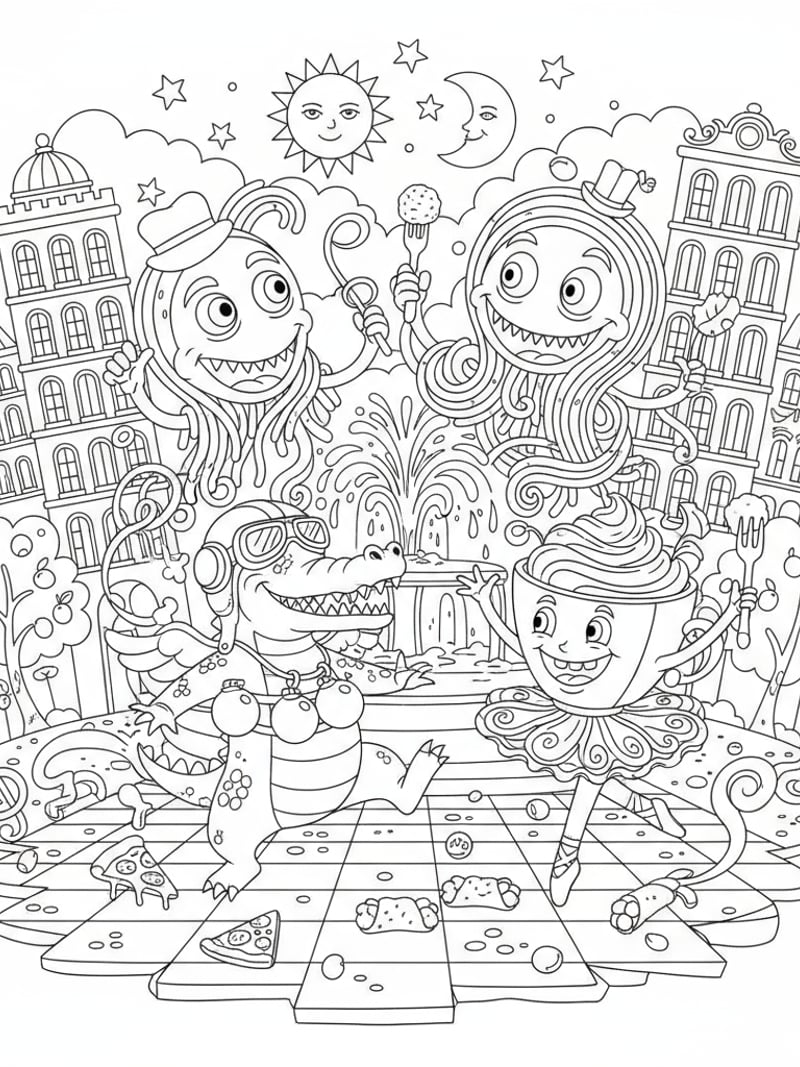 Italian Brainrot meme characters Bombardiro Crocodilo Ballerina Cappuccina dancing in piazza coloring page