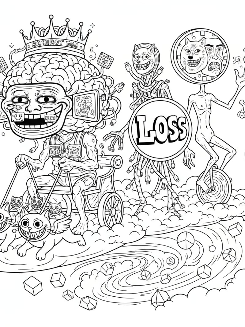 Brainrot legendary gods parade with exaggerated features meme expressions in divine clouds coloring page