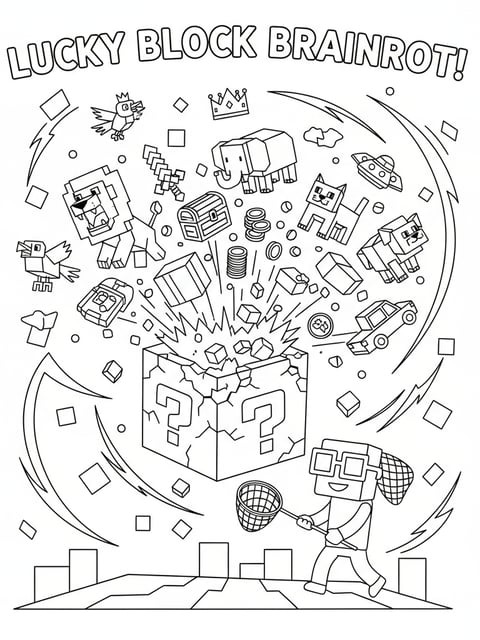 Evento Lucky Block de Steal a Brainrot con bloques explosivos, animales y objetos para colorear