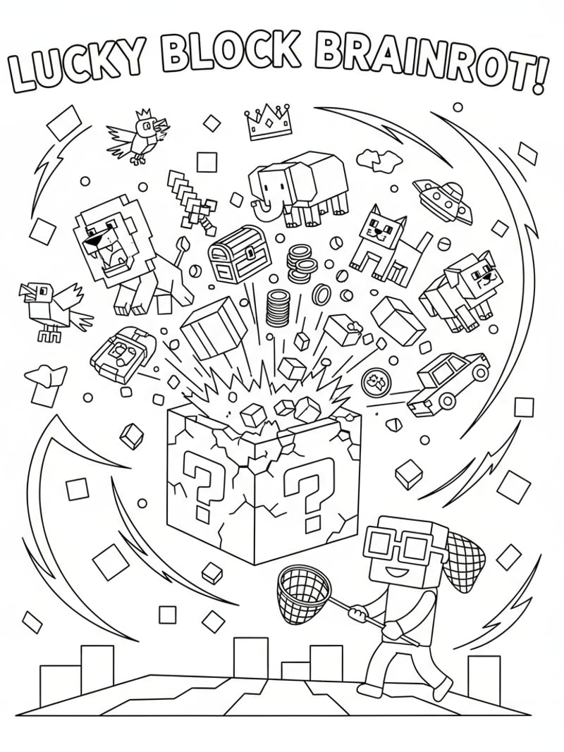 Steal a Brainrot Lucky Block event with exploding blocks animals and objects coloring page