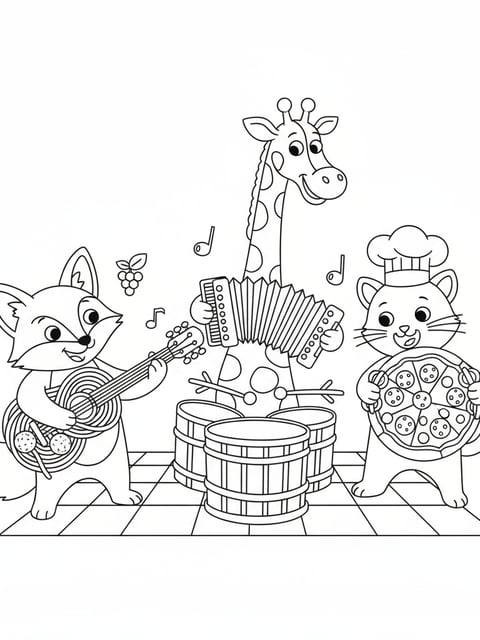 Banda de animales brainrot italiano tocando guitarras de espagueti y tambores de cannelloni para colorear