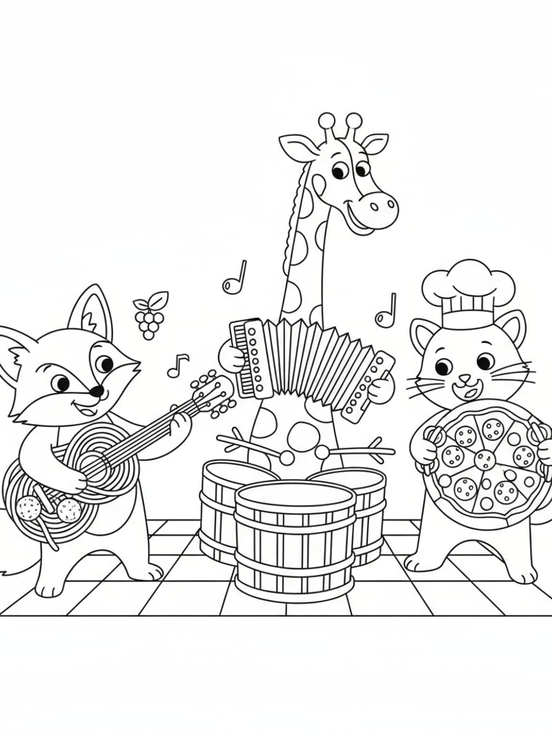 Italian Brainrot musical instruments spaghetti guitars cannelloni drums pizza tambourines with animals coloring page