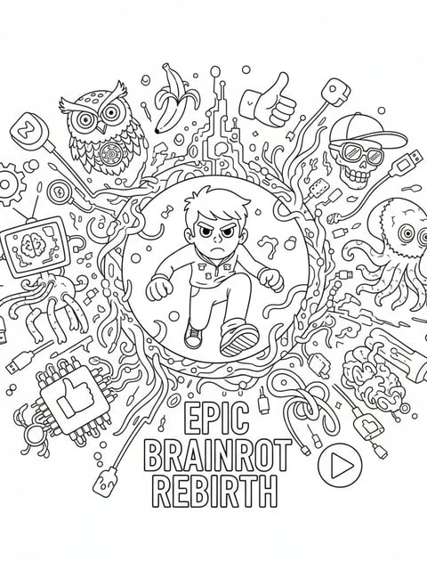 Portal de renacimiento Brainrot con energía giratoria, criaturas extrañas y objetos de fusión para colorear