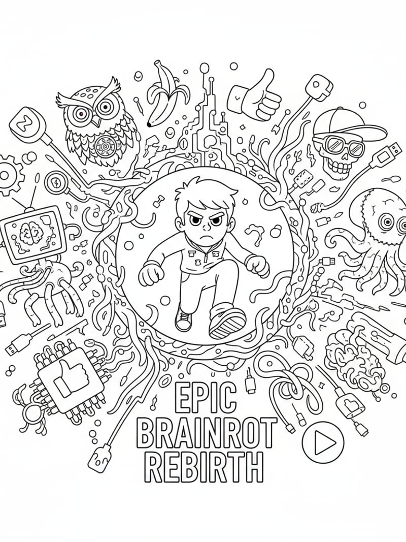 Brainrot rebirth portal scene with character swirling energy strange creatures fusion objects coloring page