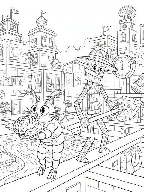Escena de Steal a Brainrot con Trippi Troppi y Tung Tung Tung Sahur en un dibujo para colorear