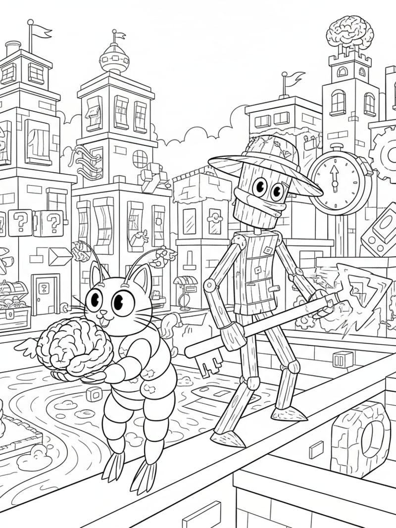 Steal a Brainrot Roblox game scene with Trippi Troppi shrimp cat and Tung Tung Sahur coloring page
