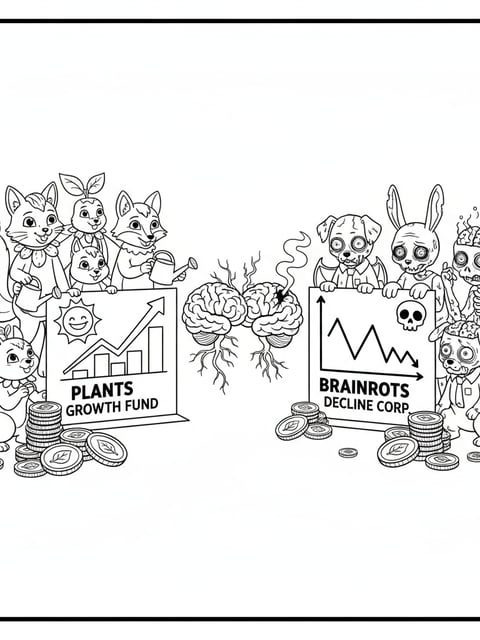 Escena de predicción de mercado de Plants vs Brainrots con animales, gráficos y monedas para colorear