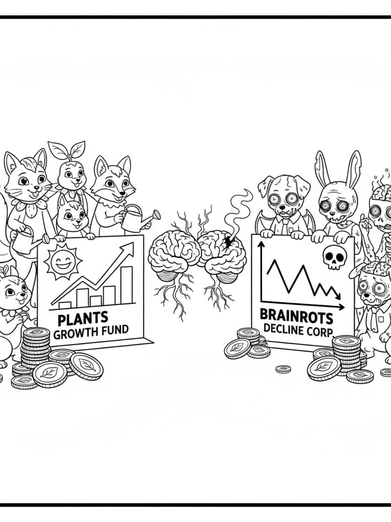 Plants vs Brainrots stock market prediction with animal characters charts graphs coins coloring page