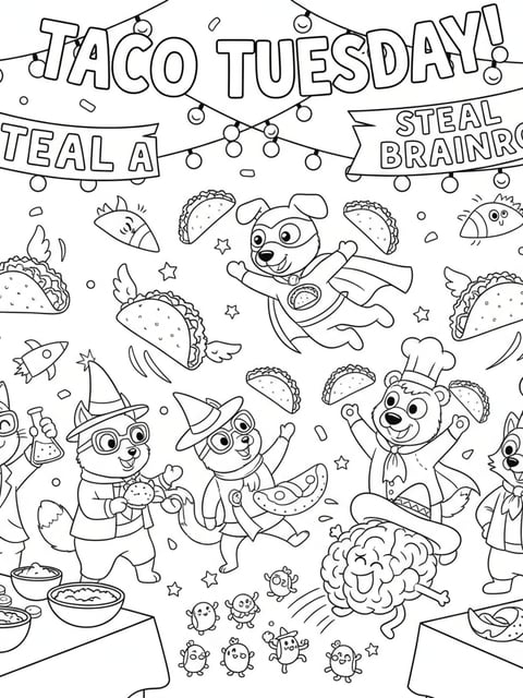 Fiesta Taco Tuesday de Steal a Brainrot con personajes animales, tacos y adornos para colorear