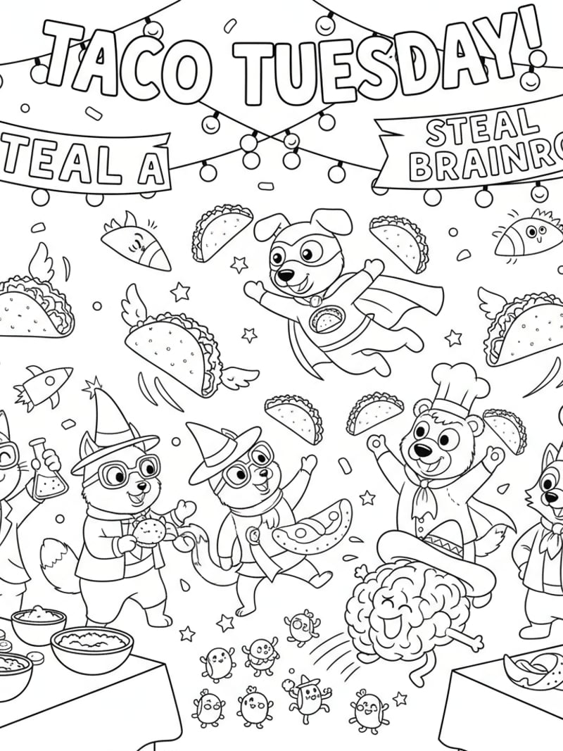 Steal a Brainrot Taco Tuesday party with animal characters flying tacos decorations coloring page