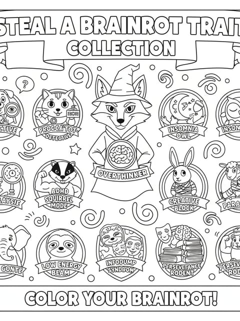 Póster de rasgos de Steal a Brainrot con insignias y animales coleccionables en una lámina para colorear