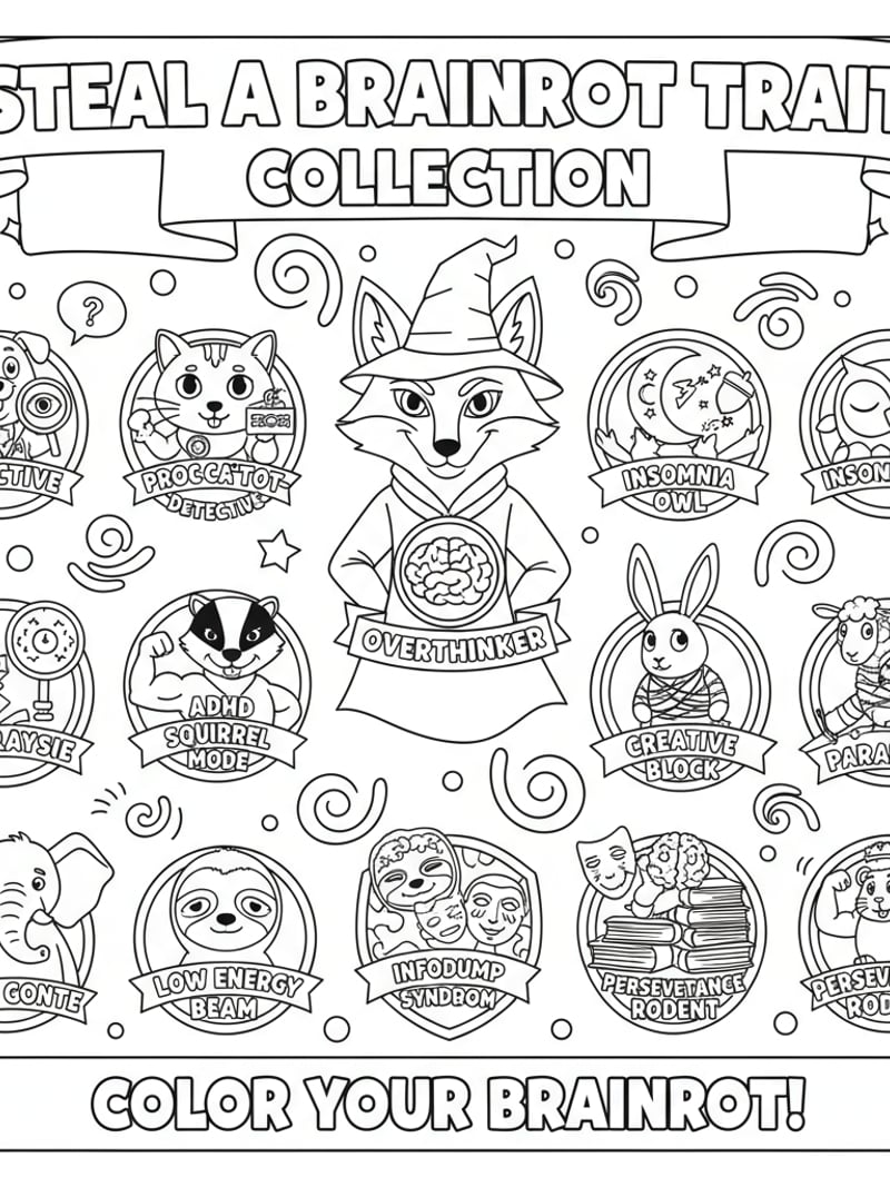 Steal a Brainrot all traits badges emblems on animal characters collectible poster coloring page