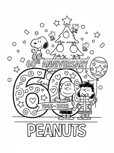 Charlie Brown Christmas 60th anniversary Peanuts characters celebration coloring page