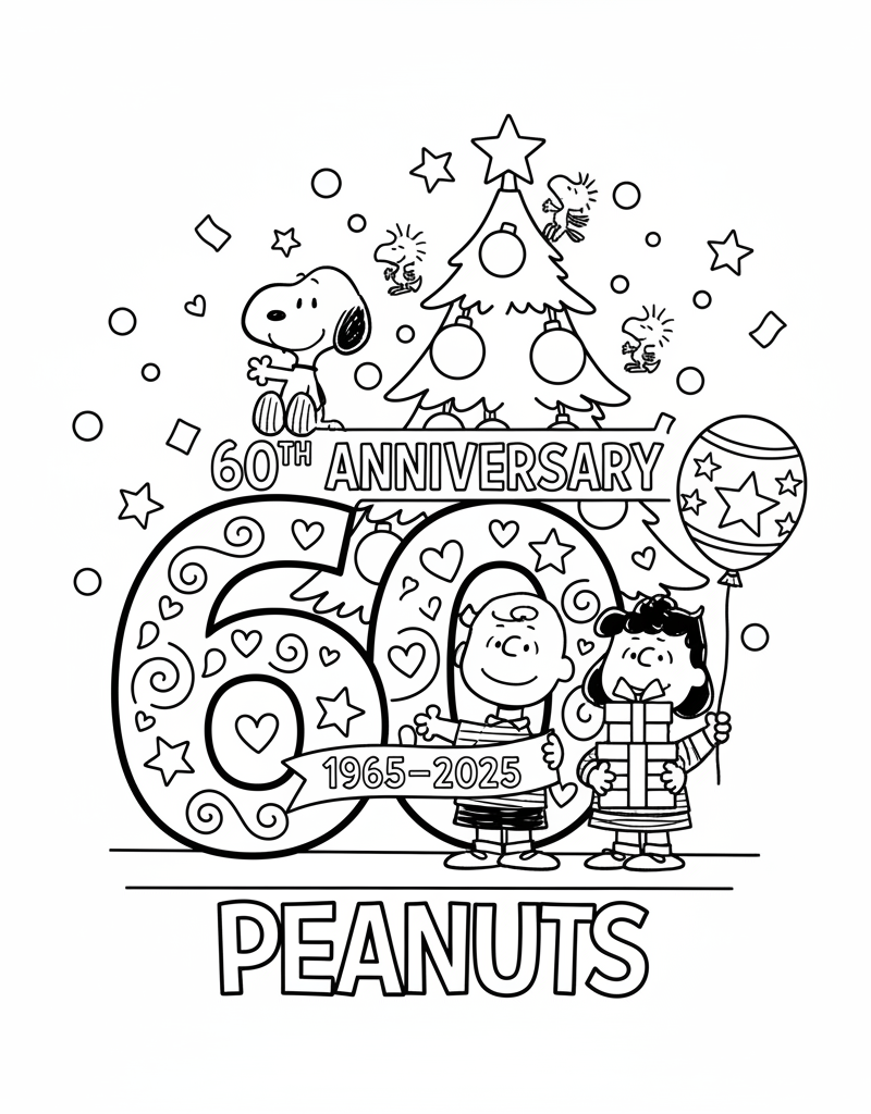 Charlie Brown Christmas 60th anniversary Peanuts characters celebration coloring page