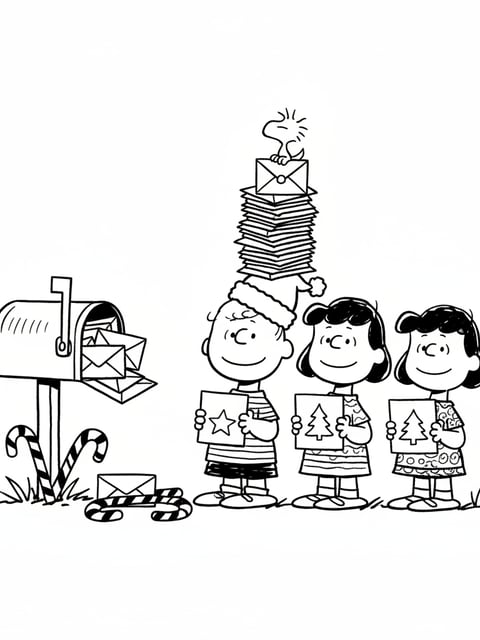 Peanuts characters Christmas cards envelopes mailbox candy canes coloring page