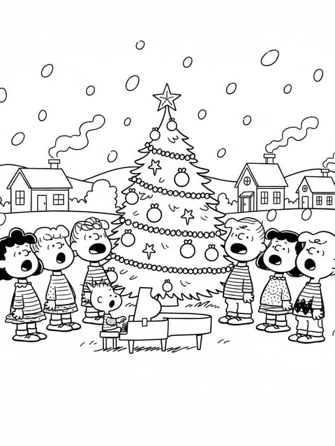 Peanuts kids singing Christmas carols around decorated tree snow scene coloring page
