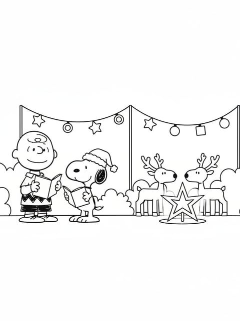 Charlie Brown Snoopy caroling decorated yard reindeer Christmas coloring page