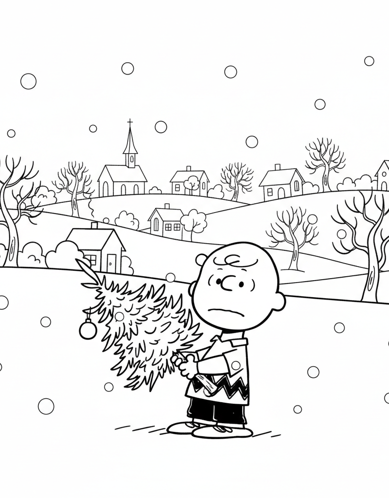 Charlie Brown carrying small Christmas tree through falling snow coloring page