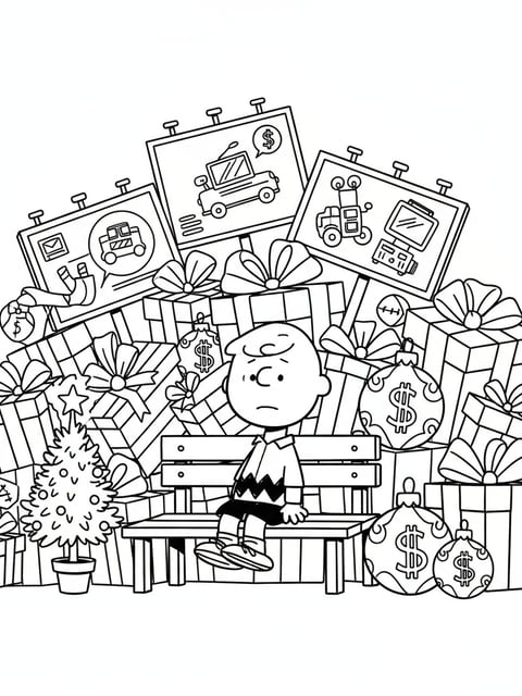 Charlie Brown sad Christmas commercialization bench gift boxes tree coloring page