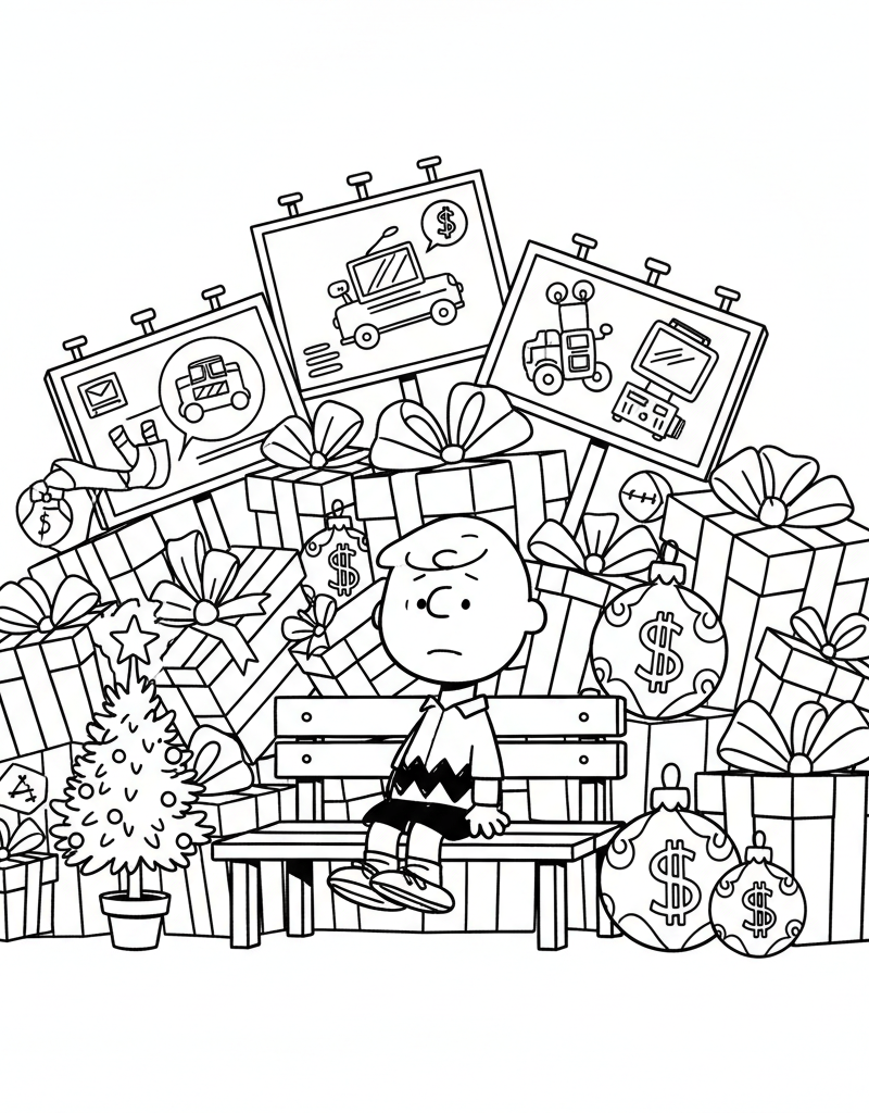 Charlie Brown sad Christmas commercialization bench gift boxes tree coloring page