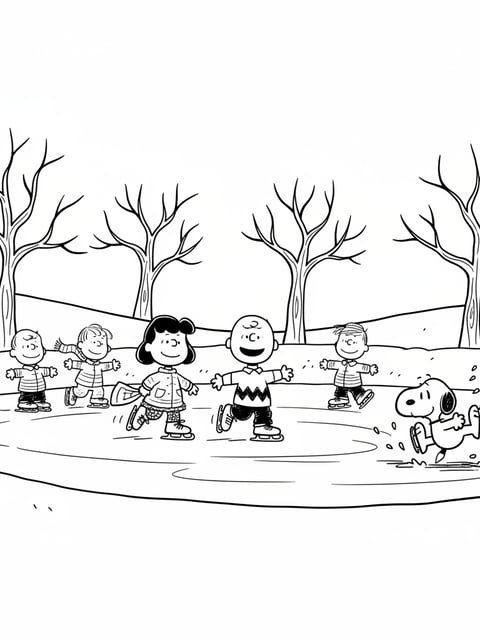 Peanuts gang ice skating pond Snoopy slipping winter scene coloring page