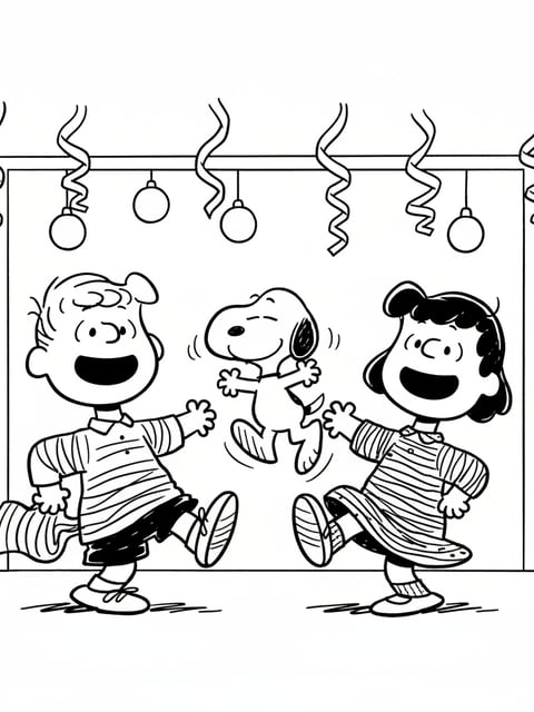 Linus and Lucy kids dancing hall holiday streamers Snoopy coloring page