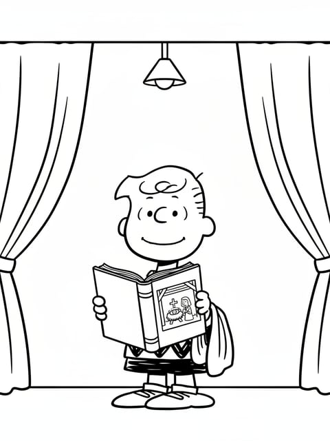 Linus holding Bible under spotlight with blanket Christmas coloring page