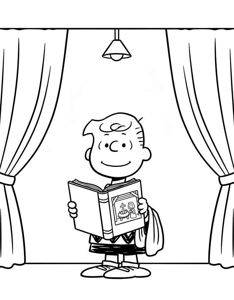 Linus holding Bible under spotlight with blanket Christmas coloring page