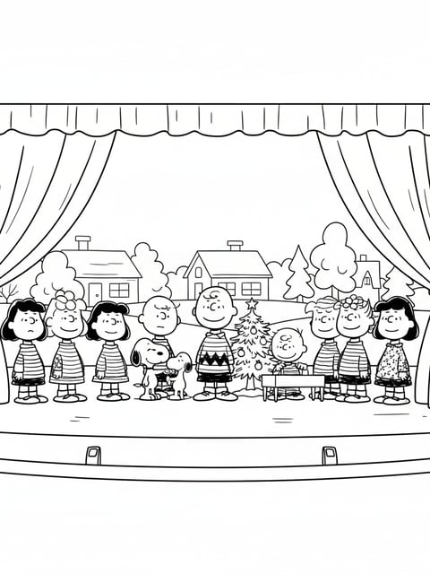 Charlie Brown Christmas live stage curtain call characters bowing tree coloring page
