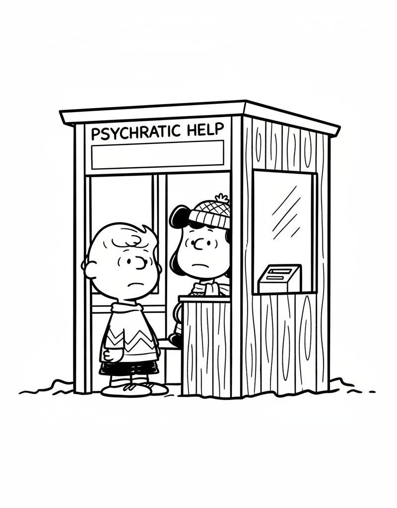 Lucy psychiatric help booth Charlie Brown winter scene coloring page